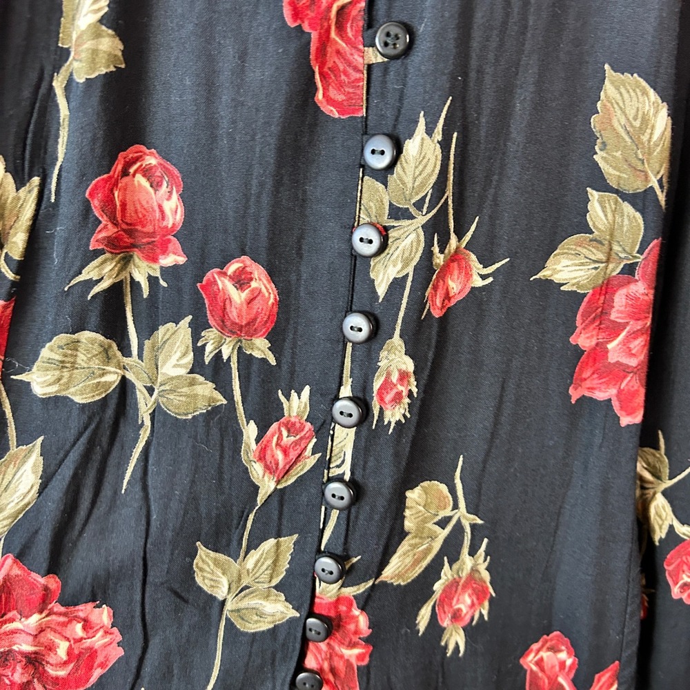 Express Floral Maxi Skirt Black Red Roses Button Front Midi Length Size Medium - Picture 2 of 7